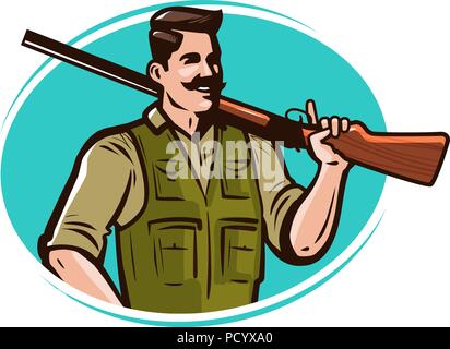 Hunter with gun on his shoulder. Hunting cartoon vector illustration Stock Vector