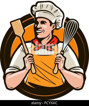 Bakery, bakeshop logo or label. Happy cook holds a shovel and a whisk in hands. Vector illustration Stock Vector
