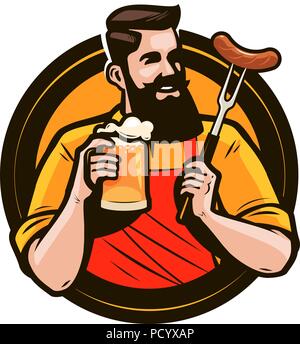 Happy man holding a mug of fresh beer. Brewery, pub, alcohol drink logo or label. Vector illustration Stock Vector