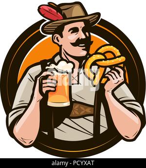 Oktoberfest, beer festival. Happy man in national costume holds a glass of ale and pretzel in hands. Cartoon vector illustration Stock Vector