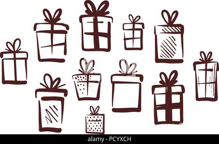 Gifts with bow, set of icons. Doodle vector illustration Stock Vector