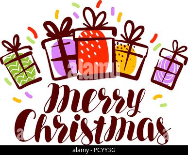 Merry Christmas, greeting card or banner. Xmas, holiday concept. Lettering vector illustration Stock Vector