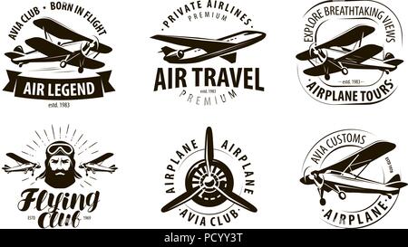 aircraft, airplane logo or label. flying club, airlines icon set. typographic design vector illustration Stock Vector