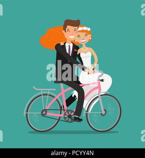 Happy couple or newlyweds. Bride and groom ride bicycle. Wedding, vector illustration Stock Vector