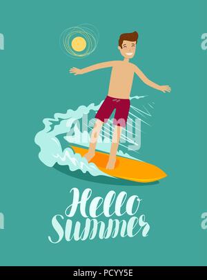 Hello summer, banner. Surfer and wave. Surfing vector illustration Stock Vector