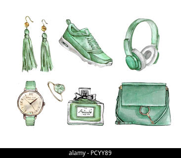 Watercolor Fashion. Set of trendy accessories. Bag, earrings, watches, sneakers, perfume,ring. Hand drawn illustration. Stock Photo