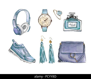 Watercolor Fashion. Set of trendy accessories. Bag, earrings, watches, sneakers, perfume,ring. Hand drawn illustration. Stock Photo