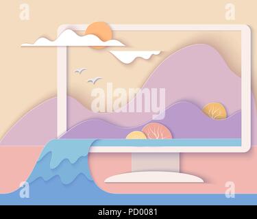 Computer screen with landscape. Nature Ecologic Scene on Monitor screen with mountains, trees, waterfall. Paper cut style. Vector illustration Stock Vector