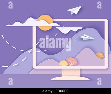 Computer screen with landscape. Nature Ecologic Scene on Monitor screen with mountains, trees, waterfall and paper planes. Paper cut style. Vector illustration Stock Vector