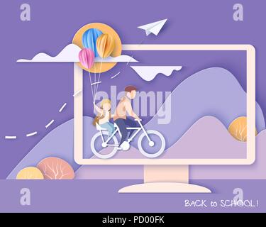 Back to school 1 september card. Monitor screen with mountains, trees, waterfall and children bicycling with air balloons. Paper cut style. Vector illustration Stock Vector