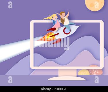 Back to school 1 september card. Monitor screen with mountains, trees, waterfall and children flying on rocket. Paper cut style. Vector illustration Stock Vector