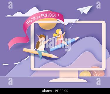 Back to school 1 september card. Monitor screen with mountains, trees, waterfall and children flying on pencil. Paper cut style. Vector illustration Stock Vector