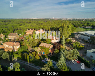 An aerial view from the drone of a neighborhood inside a forest in the outskirts of Madrid city that can be seen on the far horizon with its skyline Stock Photo