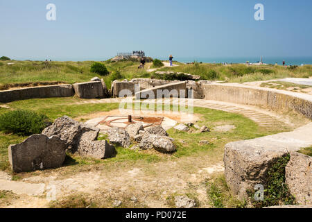 A German gun emplacement at Point du Hoc in Normandy which was attacked by the American Army Rangers Assault Group, who scaled the cliffs and took the Stock Photo