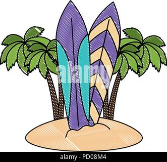 tree palms with surfboards scene vector illustration design Stock Vector