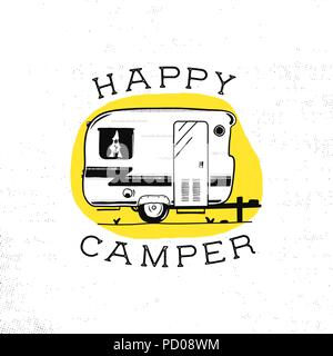 Mobile recreation. Happy Camper trailer in sketch silhouette style. Vintage hand drawn camp rv. House on wheels. Travel Transport emblem. Stock vector isolated on yellow circle Stock Vector