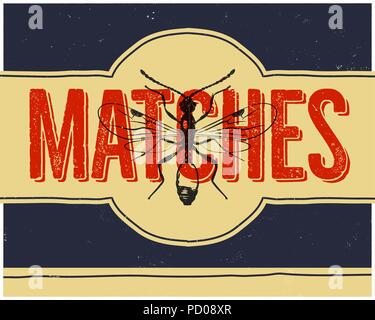Matchbox design and matches with insect in retro style. Top view. Vintage habd drawn illustration. Stock vector Stock Vector