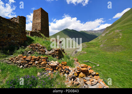 Beautiful Truso Truso Gorge near the Kazbegi city in the mountains of the Caucasus, Zakagori fortress, Geprgia Stock Photo