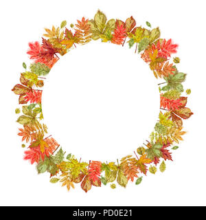 Autumn Leaves Round Wreath Isolated on White Background. Watercolor Botanical Template for Print, Announcement, Advertising, Greeting Cards, and Notes Stock Photo