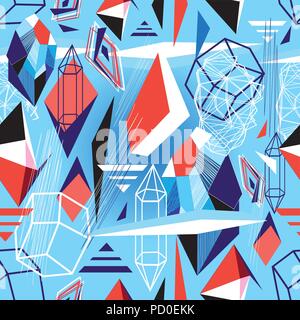 Seamless geometric pattern from different shapes on a blue background Stock Vector