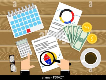 Financial audit, analysis of infographics. Man with magnifier glass calculation audit, analysis report financial, vector illustration Stock Vector