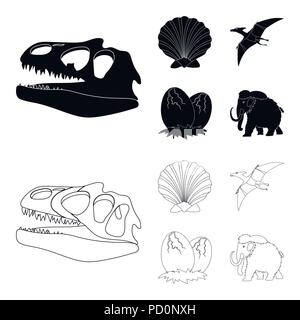 Prehistoric shell, dinosaur eggs,pterodactyl, mammoth. Dinosaur and  prehistoric period set collection icons in cartoon,black style vector  symbol stock illustration web. Stock Vector