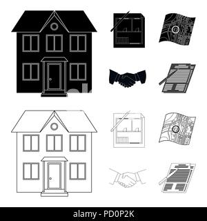 House plan, documents for signing, handshake, terrain plan. Realtor set collection icons in black,outline style vector symbol stock illustration . Stock Vector