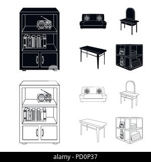 Soft sofa, toilet make-up table, dining table, shelving for laundry and detergent. Furniture and interior set collection icons in black,outline style  Stock Vector