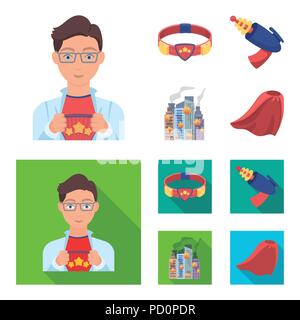 Man, young, glasses, and other  icon in cartoon,flat style. Superman, belt, gun icons in set collection Stock Vector