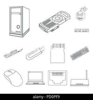Personal computer outline icons in set collection for design. Equipment and accessories vector symbol stock  illustration. Stock Vector