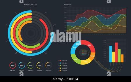 Minimalistic infographic template with flat design daily statistics graphs, dashboard, pie charts, multiple circle template. Vector EPS 10 Stock Vector