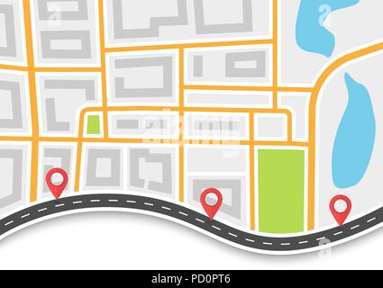 Road trip and Journey route. Winding Road on the Map Background with Pin Pointers. Abstract GPS navigation banner. Vector EPS 10 Stock Vector