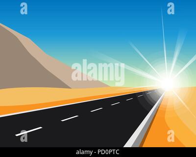 Sunrise Road to Infinity. Landscape with Highway and mountains. Vector EPS 10 Stock Vector
