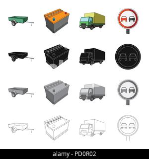 Car trailer, battery, big truck, road forbidden sign. Car and accessories set collection icons in cartoon black monochrome outline style vector symbol Stock Vector