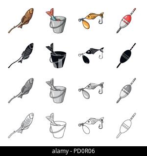 Fish on skewers, catch in a bucket, bait fishing lure, float. Fishing set collection icons in cartoon black monochrome outline style vector symbol sto Stock Vector