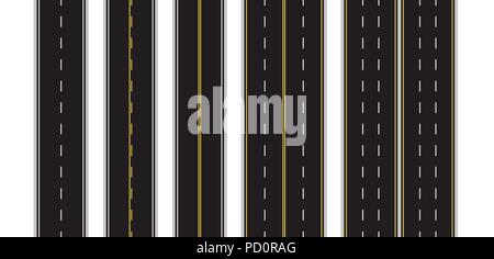 Set of Seamless Road Marking on a White Isolated Background. Top View. Straight Highway Infographic Templates. Vector EPS 10 Stock Vector