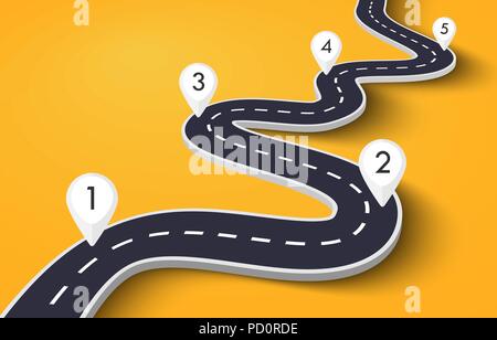 Winding Road on a a Colorful Background. Road way location infographic template with pin pointer. Vector EPS 10 Stock Vector
