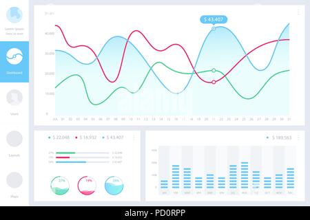 Dashboard infographic template with modern design annual statistics graphs. Pie charts, workflow, web design, UI elements. Vector EPS 10 Stock Vector