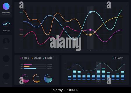 Dashboard infographic template with modern design annual statistics graphs. Pie charts, workflow, web design, UI elements. Vector EPS 10 Stock Vector