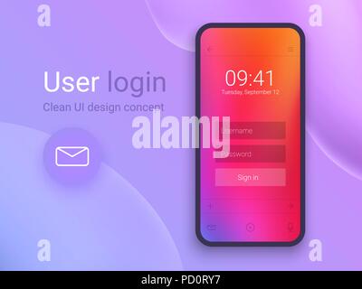 Clean Mobile UI Design Concept. Login Application with Password Form Window. Trendy Holographic Gradients. Flat Web Icons. Vector EPS 10 Stock Vector