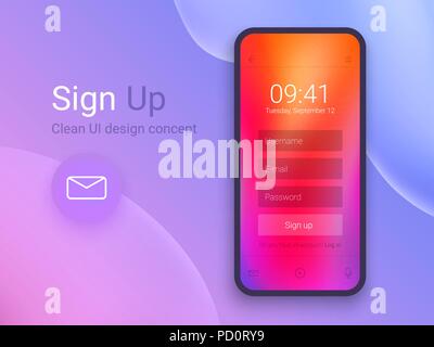 Sign Up Screen. Clean Mobile UI Design Concept. Application with Registration Form Window. Trendy Holographic Gradients. Flat Web Icons. Vector EPS 10 Stock Vector