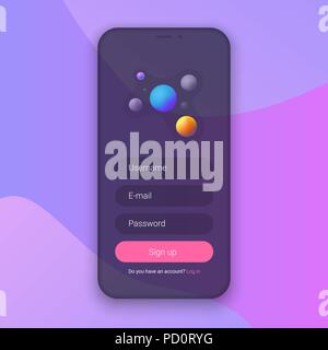 Sign Up Screen. Clean Mobile UI Design Concept. Application with Registration Form Window. Trendy Holographic Gradients Shapes. Vector EPS 10 Stock Vector