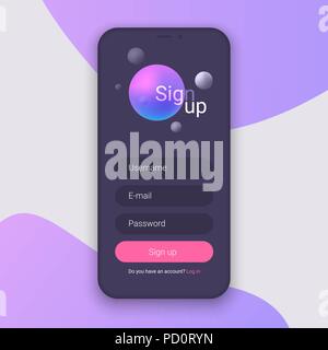 Sign Up Screen. Clean Mobile UI Design Concept. Application with Registration Form Window. Trendy Holographic Gradients Shapes. Vector EPS 10 Stock Vector