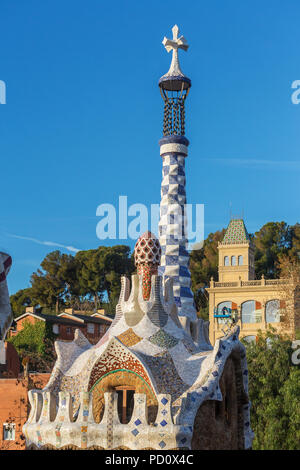 Barcelona, Spain - March 28, 2018: Famous Casa del Guarda in Park Guell in Barcelona, Spain. Top view Stock Photo