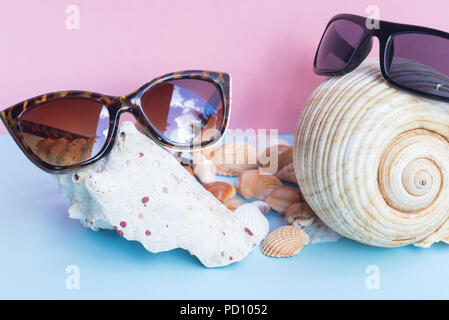 two women's and men's sunglasses over large seashells and several smaller seashells on a light blue and pink background. Minimalist nice image that ca Stock Photo