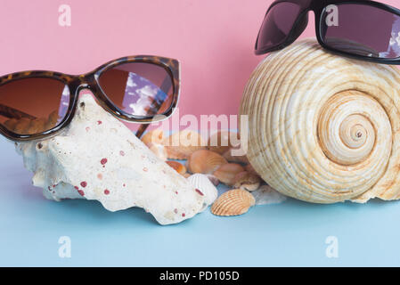 two women's and men's sunglasses over large seashells and several smaller seashells on a light blue and pink background. Minimalist nice image that ca Stock Photo