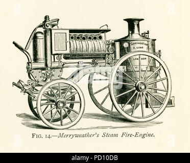 This illustration dates to the 1870s and shows Merryweather's Steam Fire Engine. Merryweather &Sons was an 1800s firm in the Clapham (later Greenwich) section of London that produced steam fire engines and steam tram engines. They had vertical boiler (as seen here) that they put onto a platform that was then drawn by horses. It improved fire pressure - great for fighting fires. Stock Photo