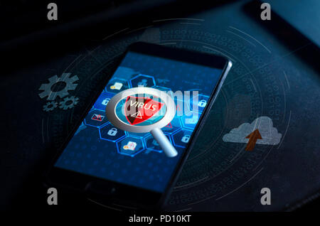 phone virus Protective shield virus red Exclamation Warning Caution Computer in dark with word virus Stock Photo