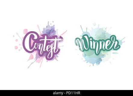 Contest and Winner card for social media network. Set of handwritten stickers lettering with decoration. Winner and Contest lettering with watercolor  Stock Vector