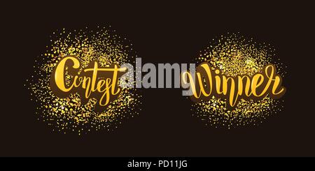 Contest and Winner card with with gold glitter texture. Set of handwritten stickers lettering with decoration. Vector illustration. Stock Vector